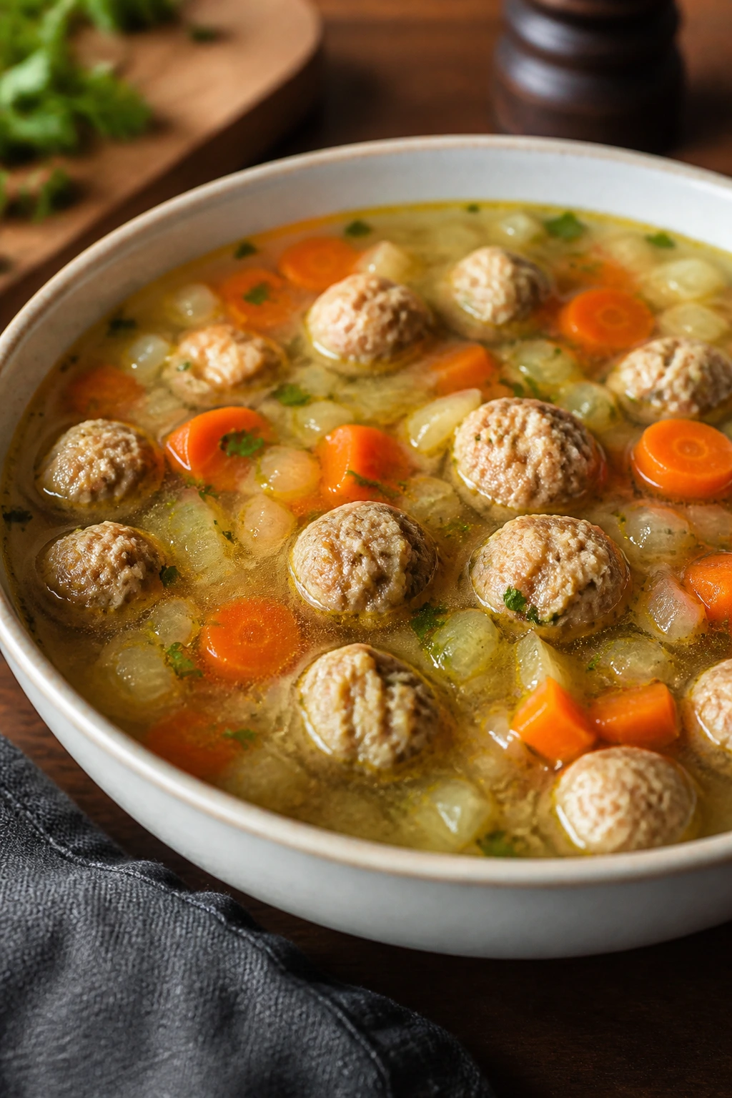Close-up of mini turkey meatball soup in a bowl with meatballs