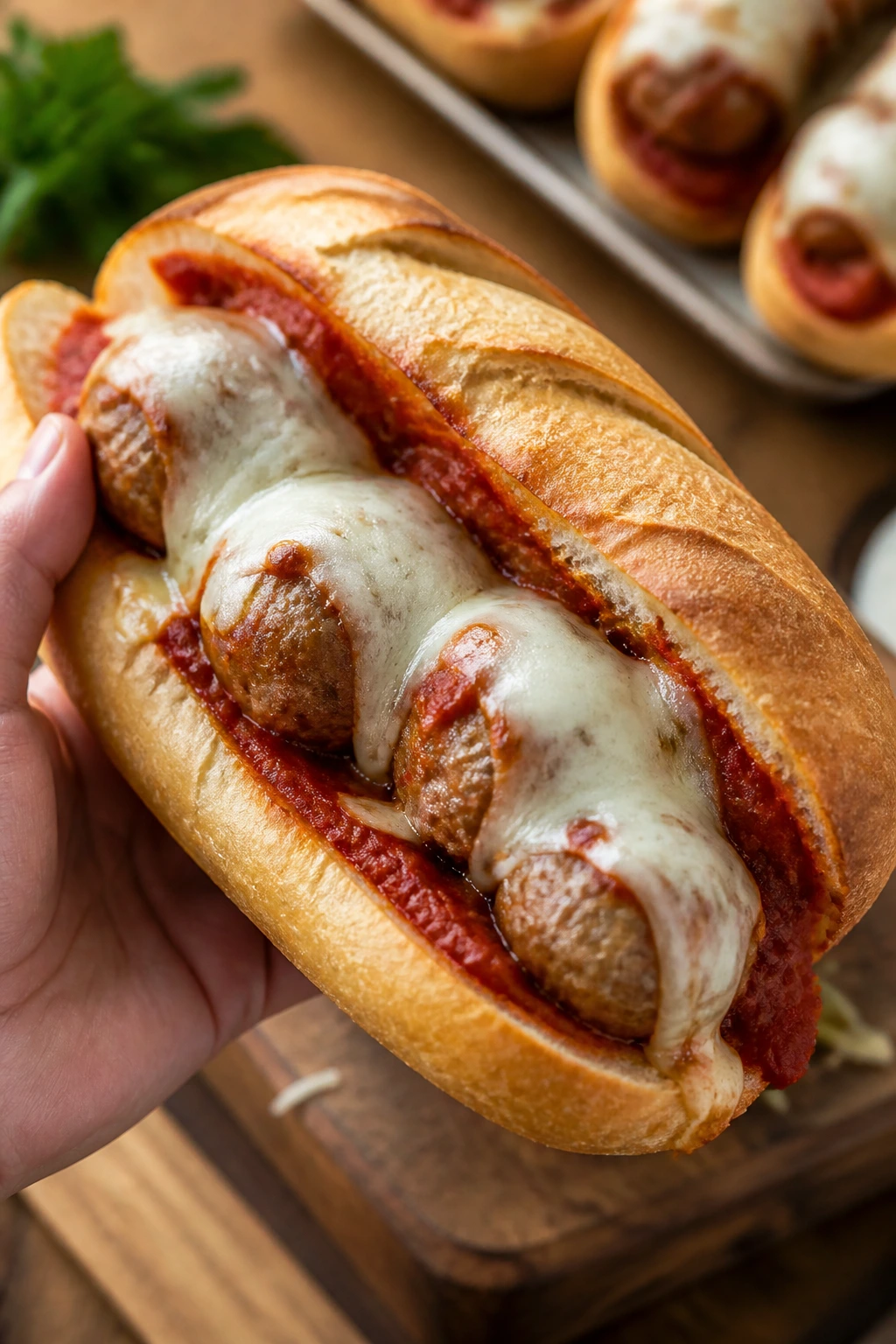 Close-up handheld turkey meatball sub with marinara and melted mozzarella.