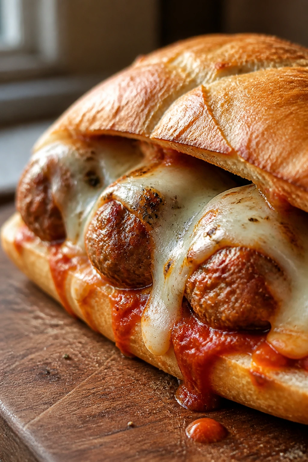 Close-up of a turkey meatball sub sandwich on a wooden board
