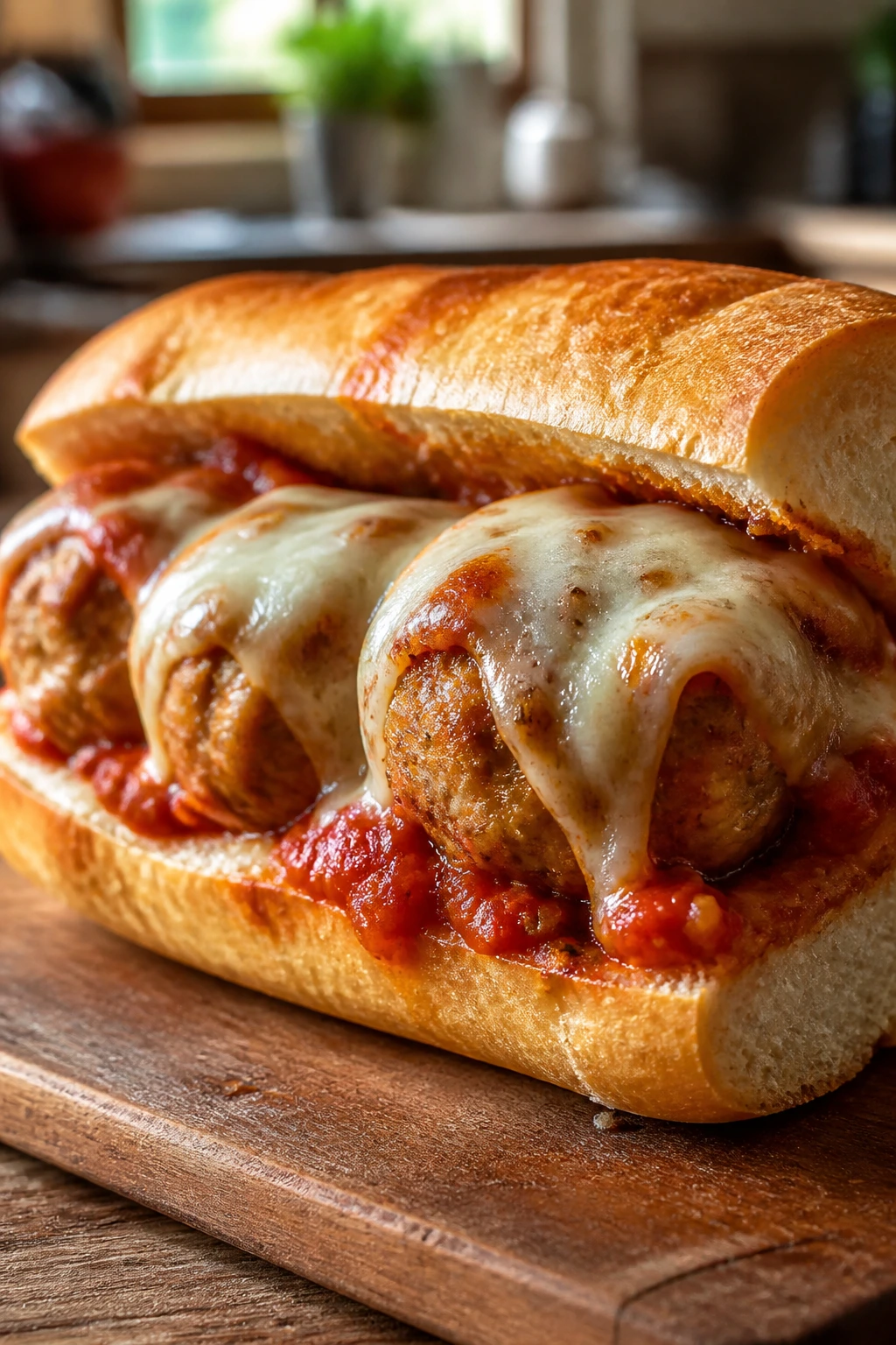 Close-up of a turkey meatball sub on a wooden board with melted mozzarella and marinara