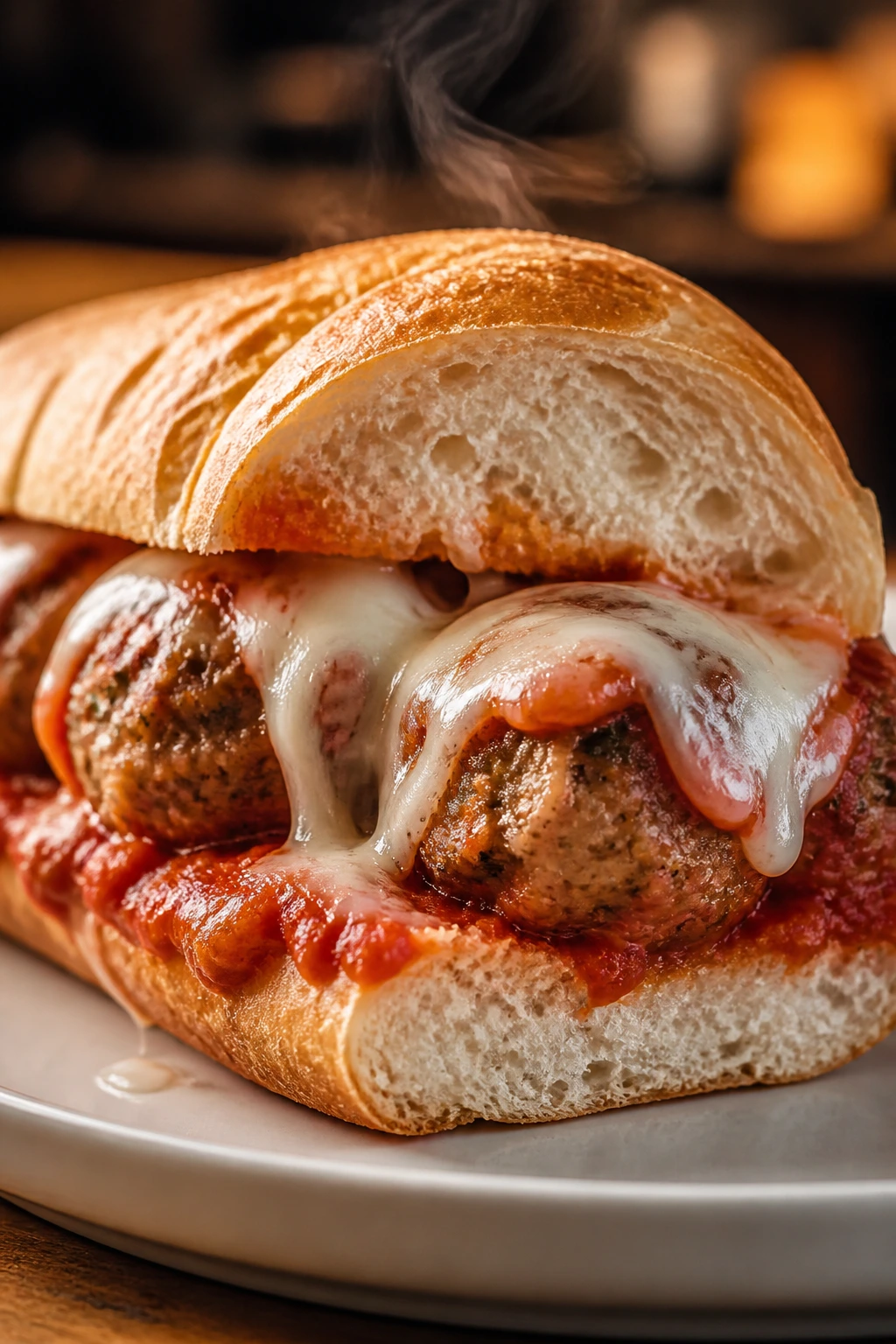 Turkey meatball sub cross-section with marinara and mozzarella