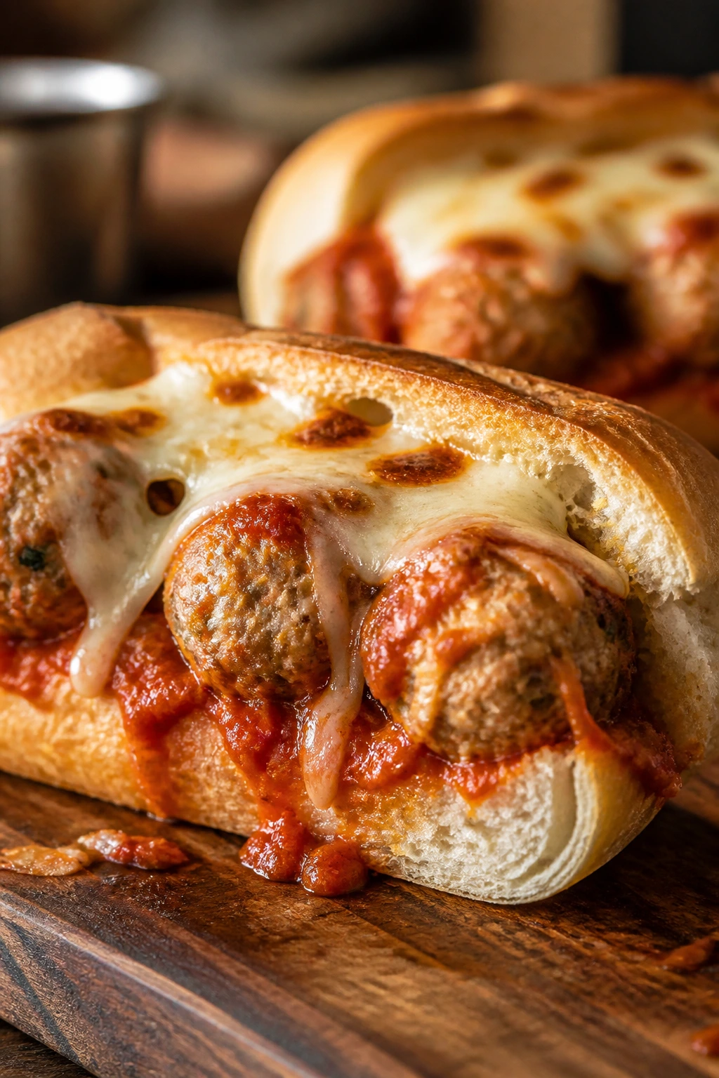 Turkey meatball sub sliced open to show meatballs and melted cheese