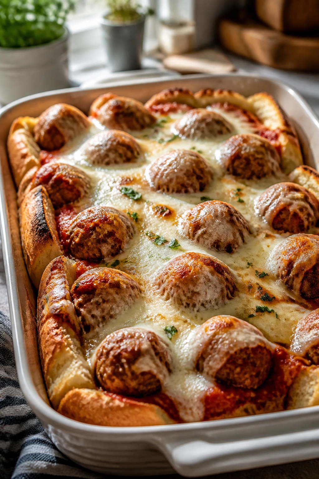 Close-up of turkey meatball bake with marinara and melted mozzarella