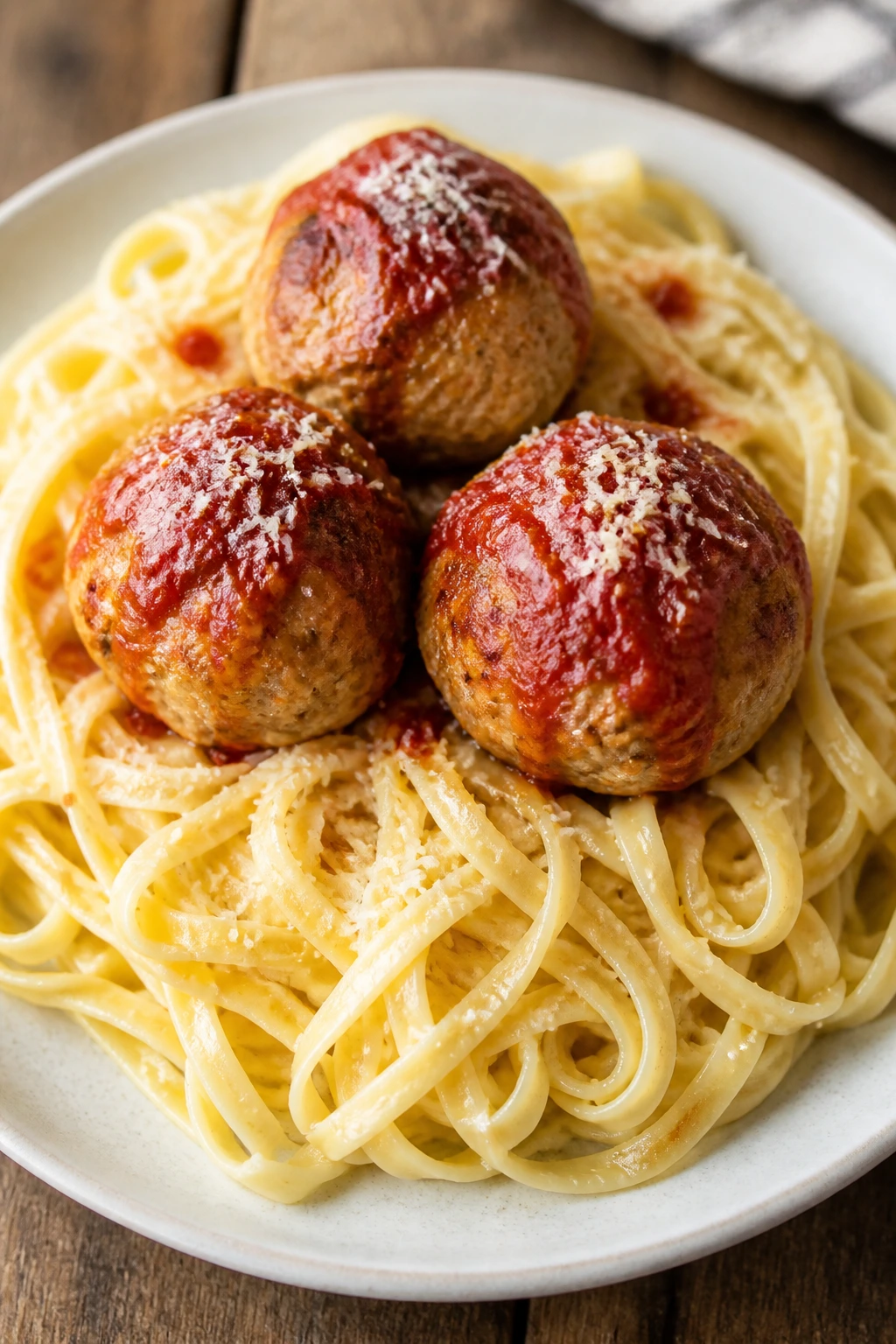 Close-up of turkey meatballs on buttered noodles on a rustic table