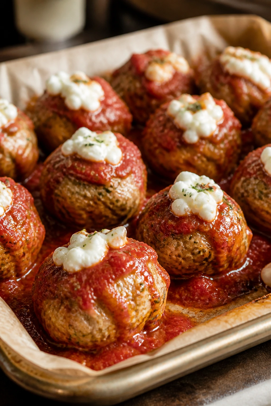Close-up of turkey meatballs with marinara and cottage cheese on parchment