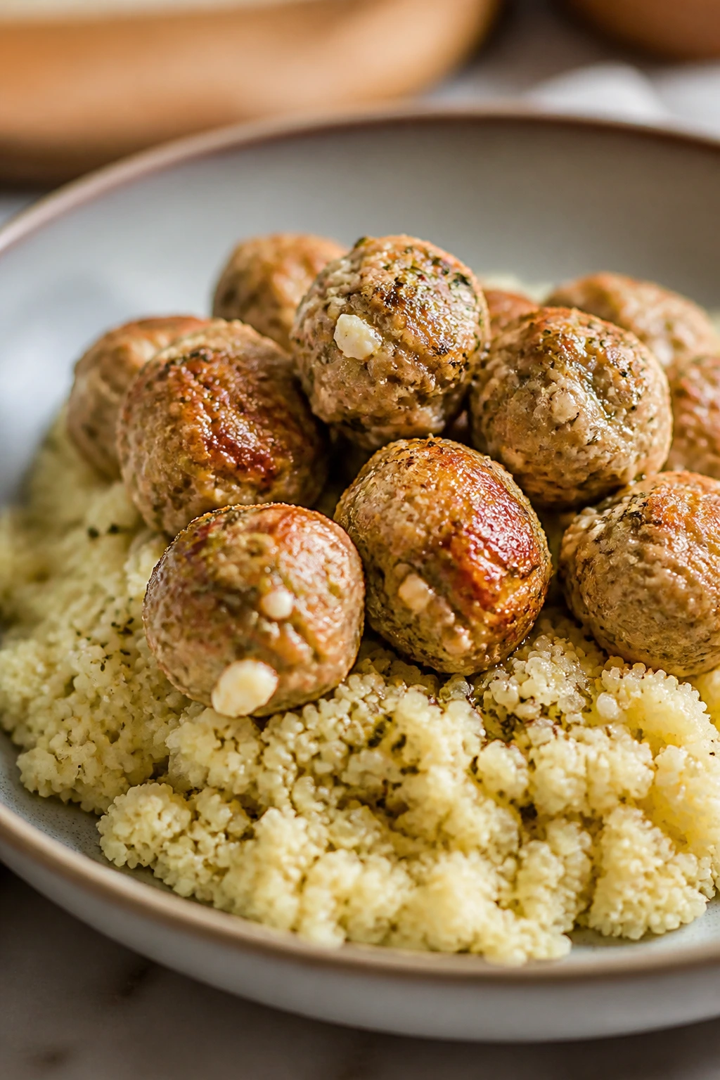 Close-up of Greek turkey meatballs with couscous on plate