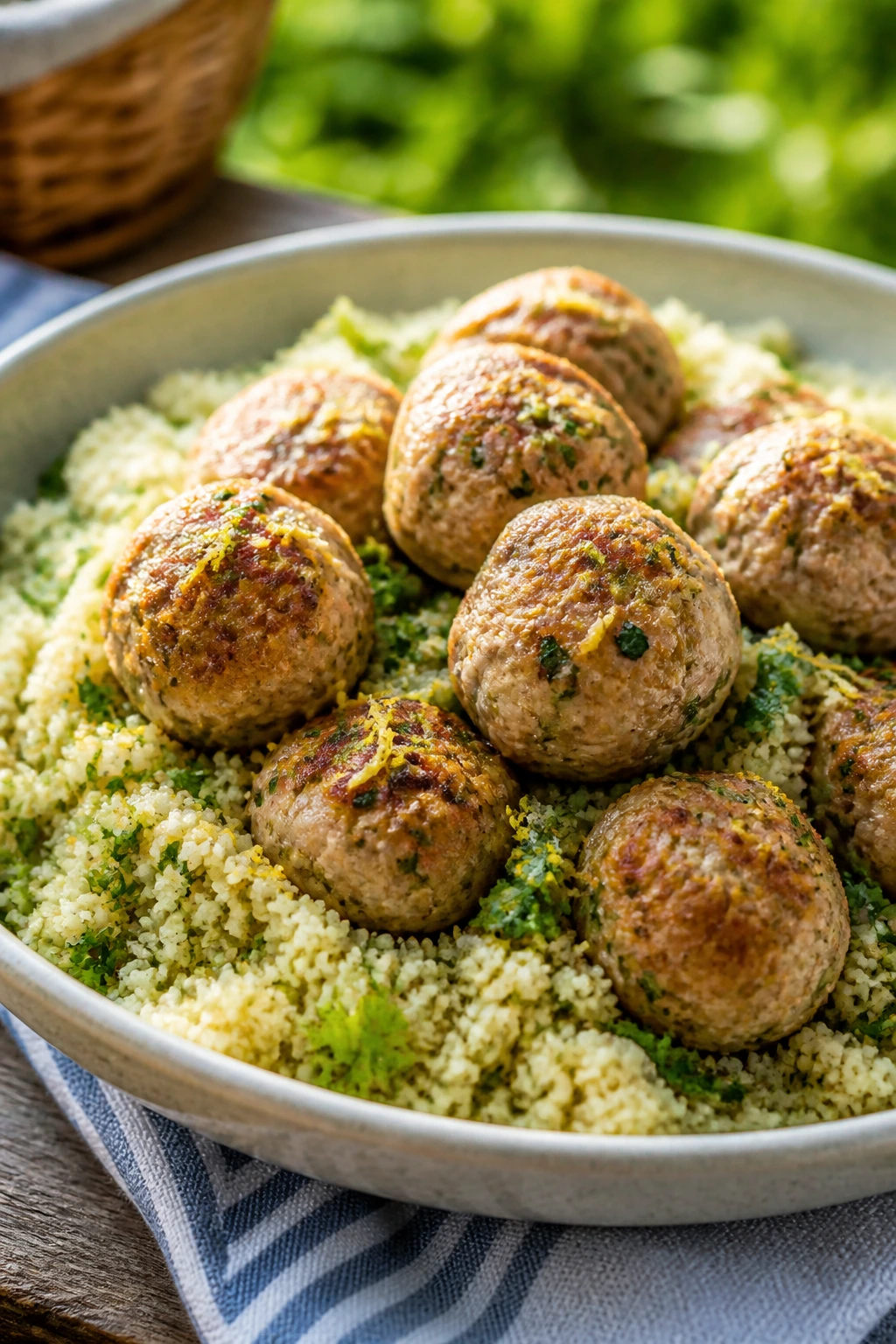 Turkey meatballs on herbed couscous on a rustic picnic plate