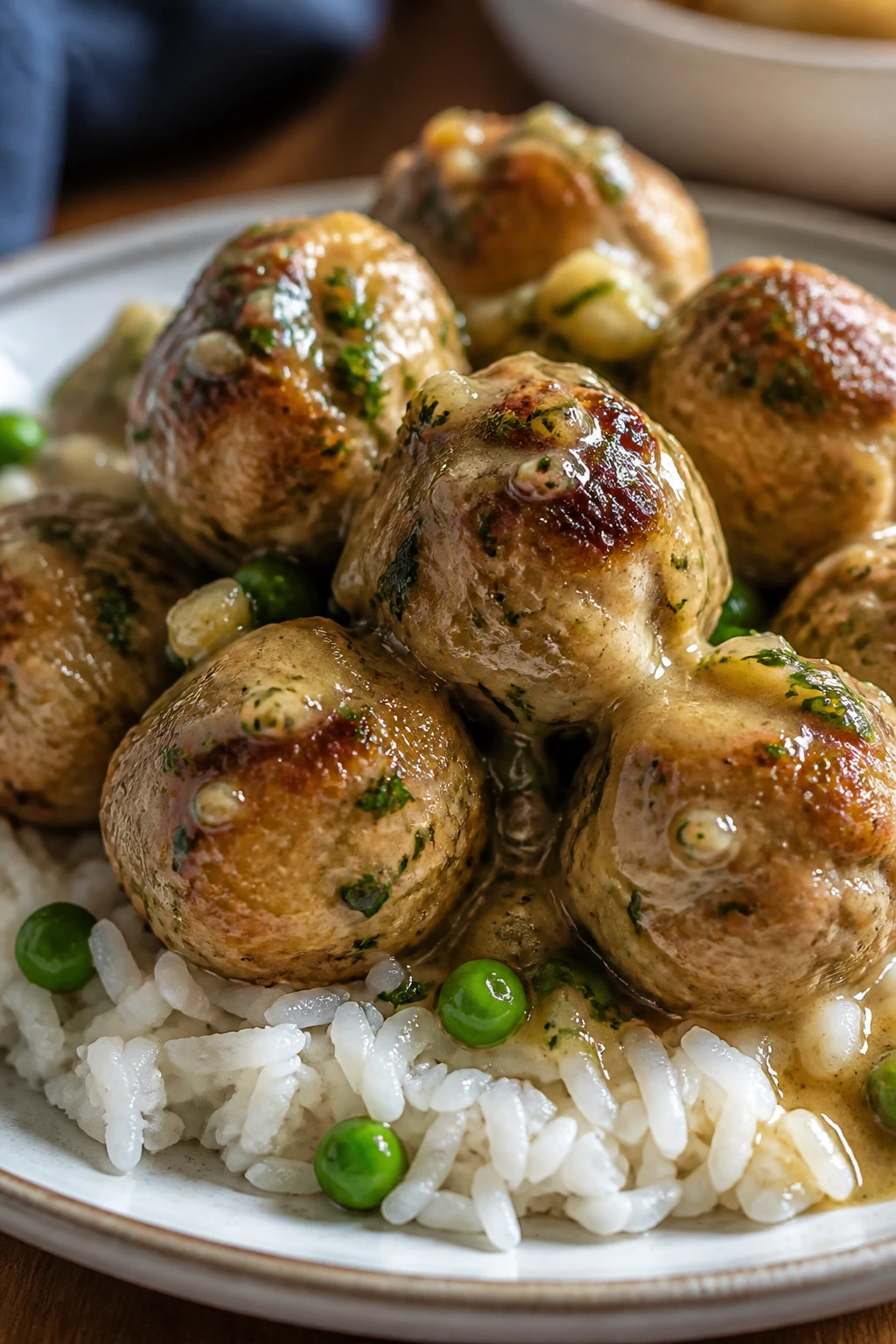 Turkey meatballs in garlic butter sauce over rice served on a plate