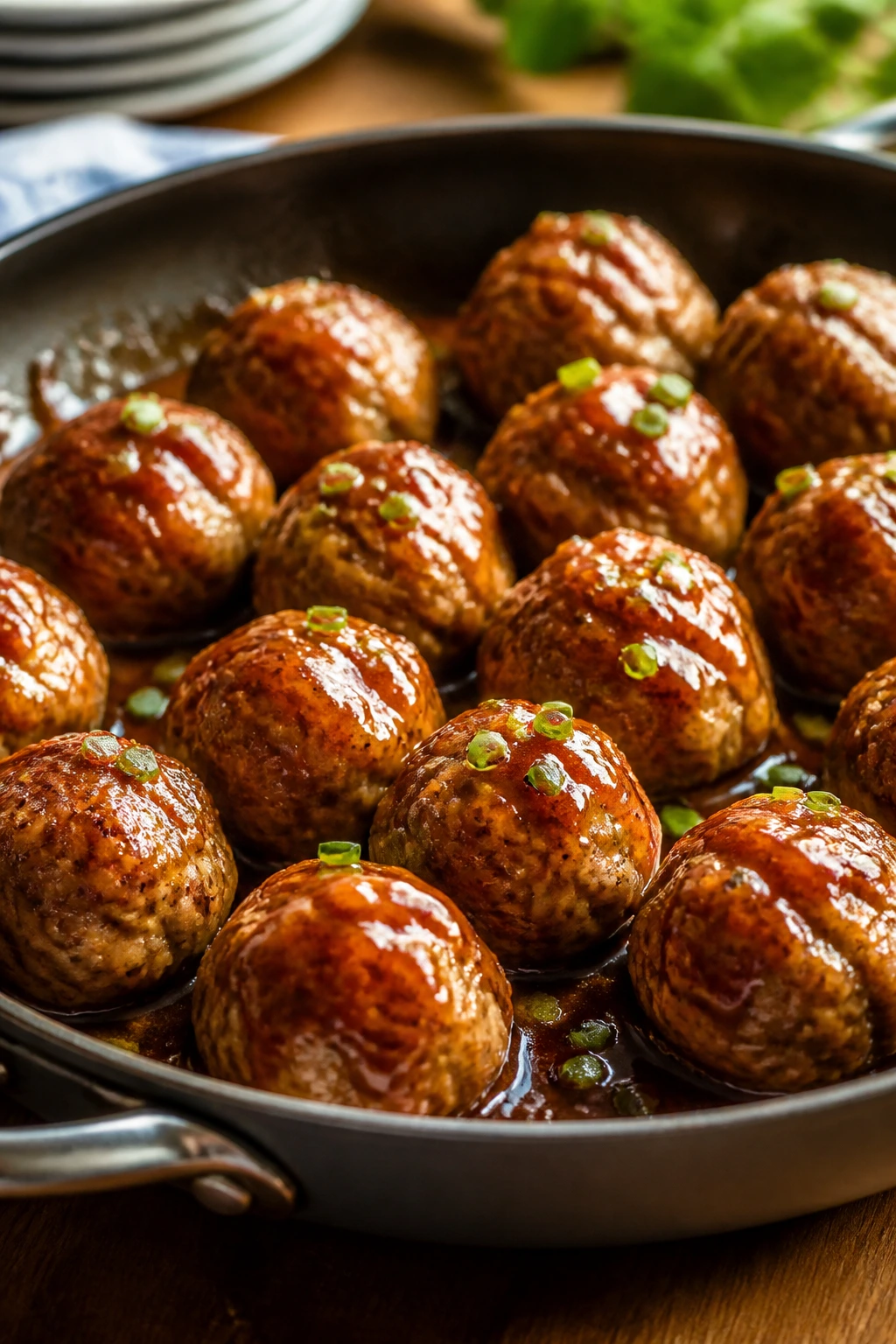 Close-up of glossy honey garlic turkey meatballs in sauce