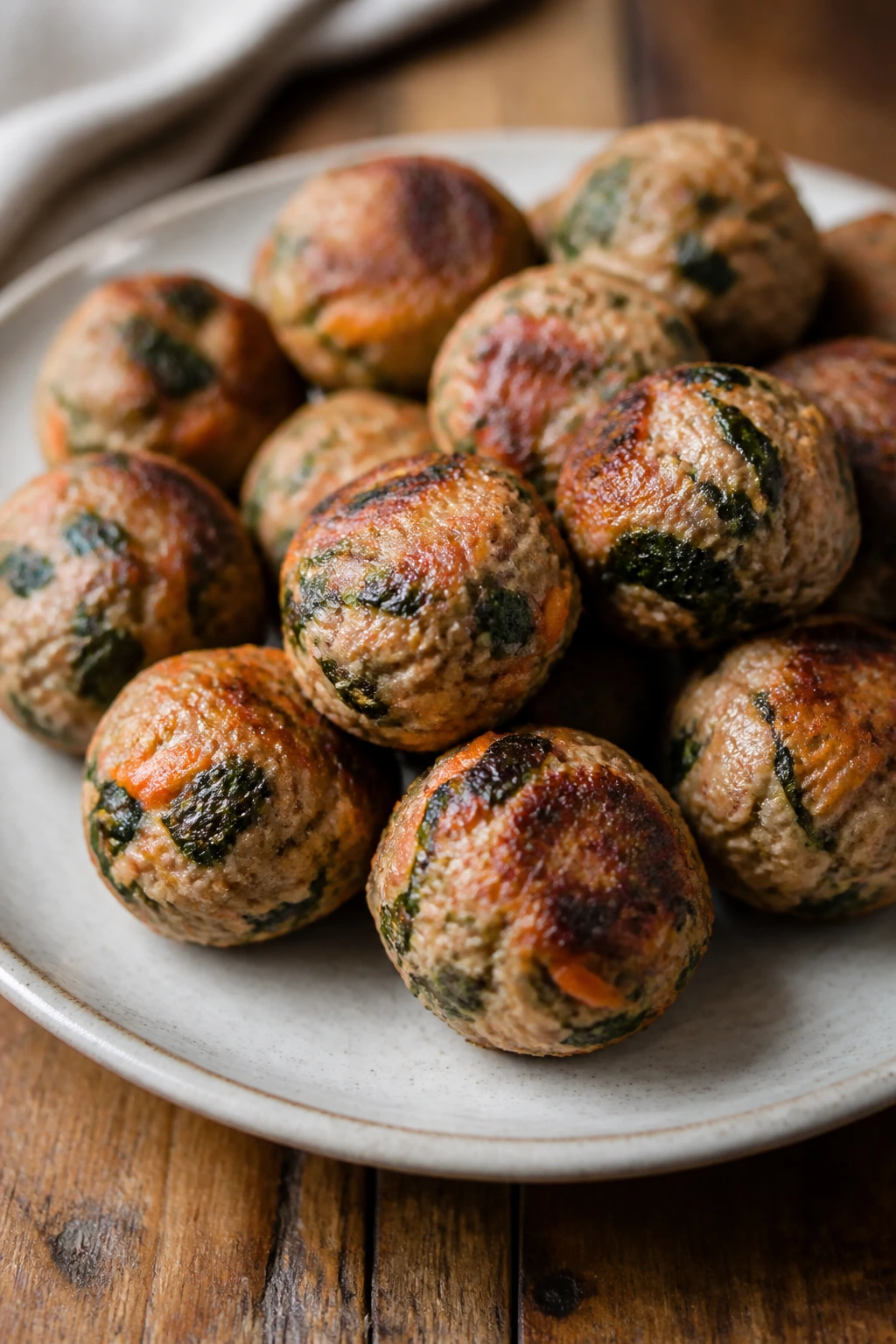 Close-up of turkey-spinach-carrot meatballs on a plate.