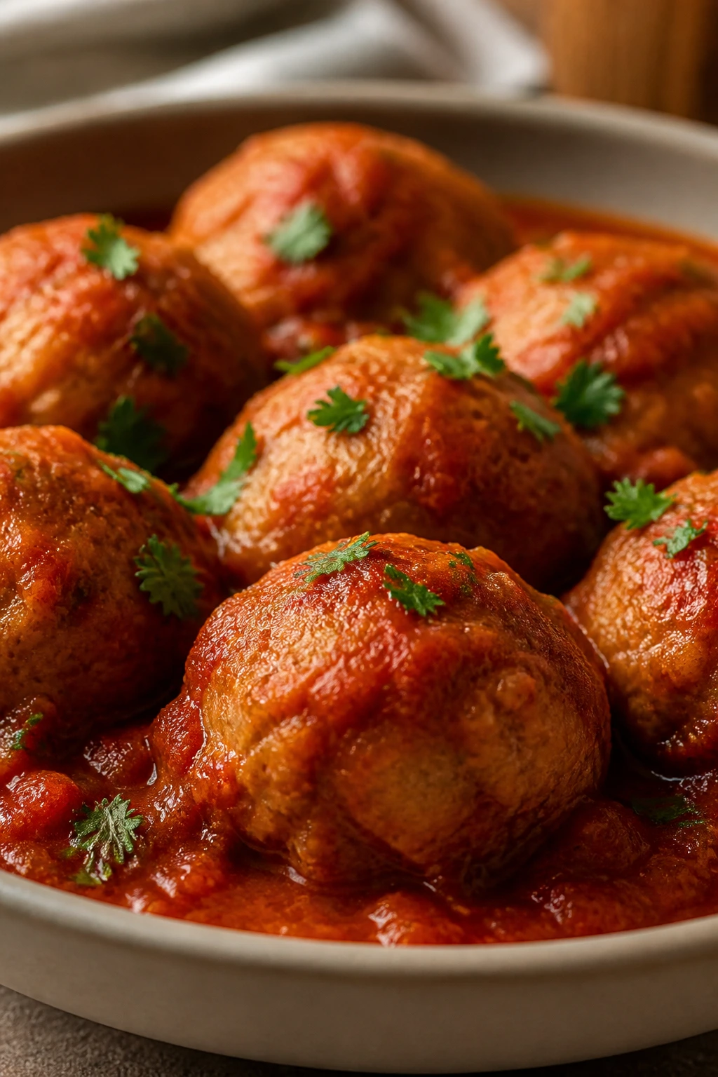 Close-up of turkey meatballs in marinara sauce on a plate