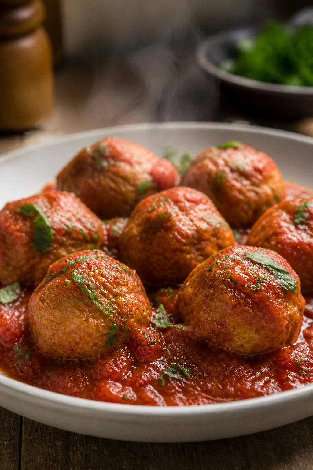 Close-up of turkey meatballs in marinara on a plate