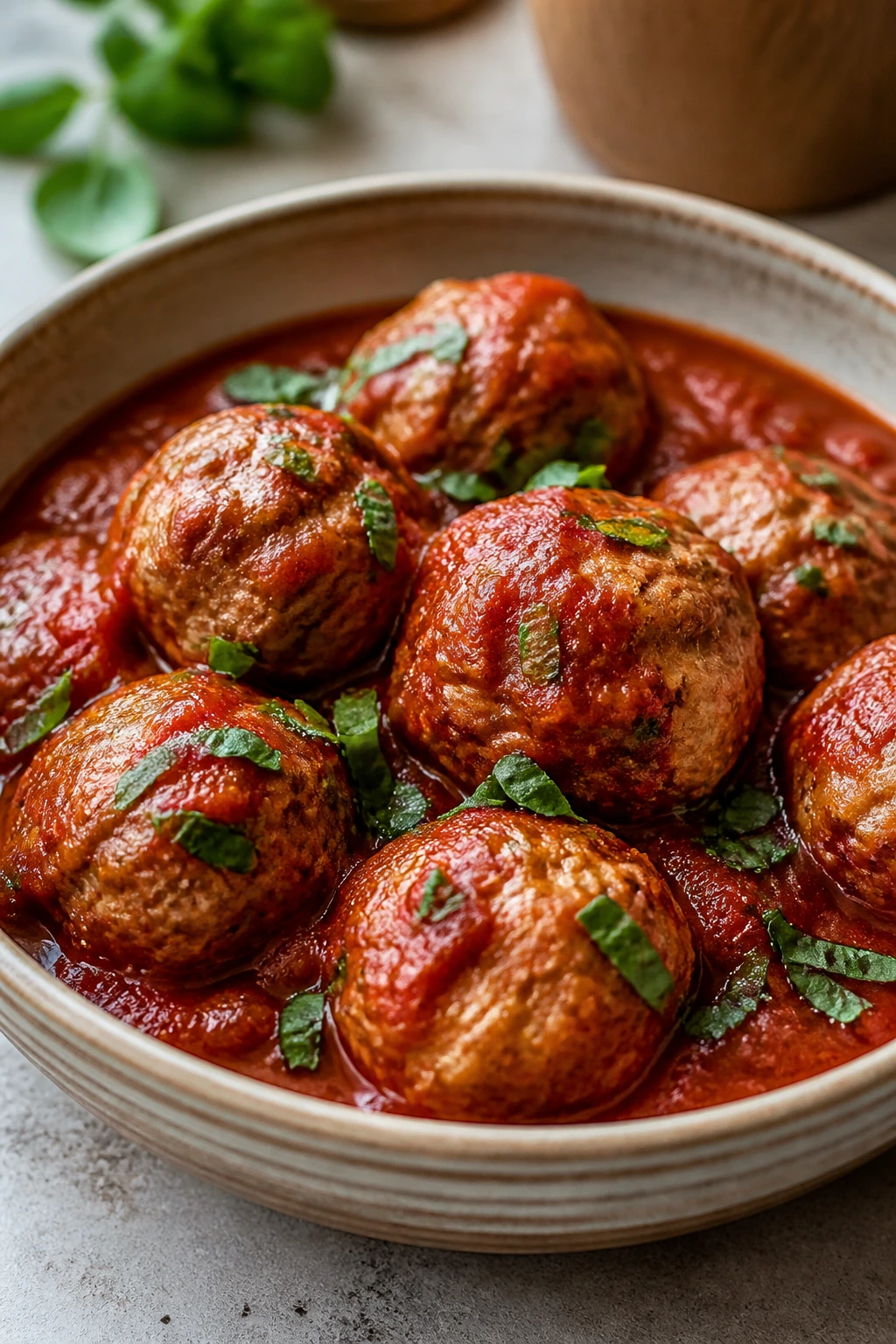 Close-up of turkey meatballs in marinara with basil in a bowl