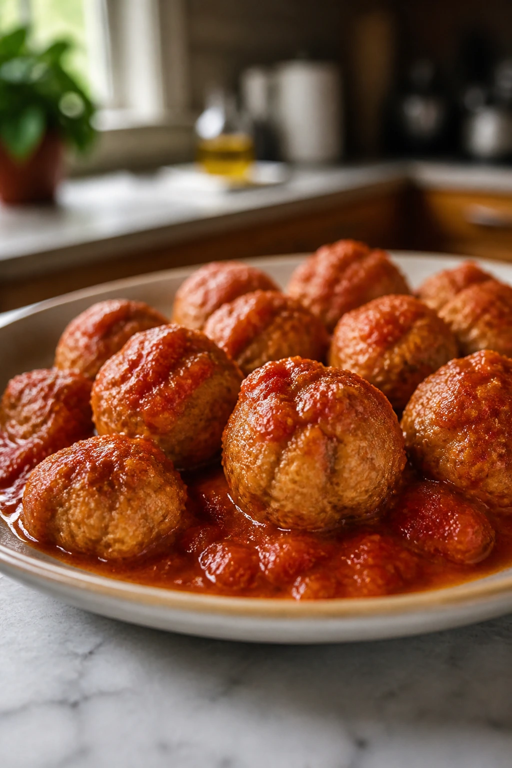 Turkey meatballs in marinara sauce on a plate