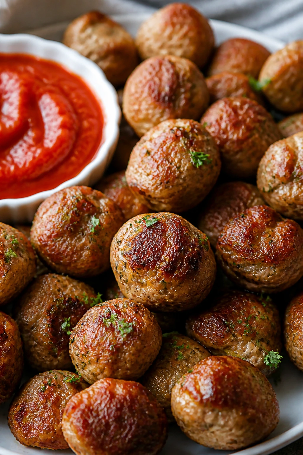 Mini turkey meatballs on a plate with marinara sauce