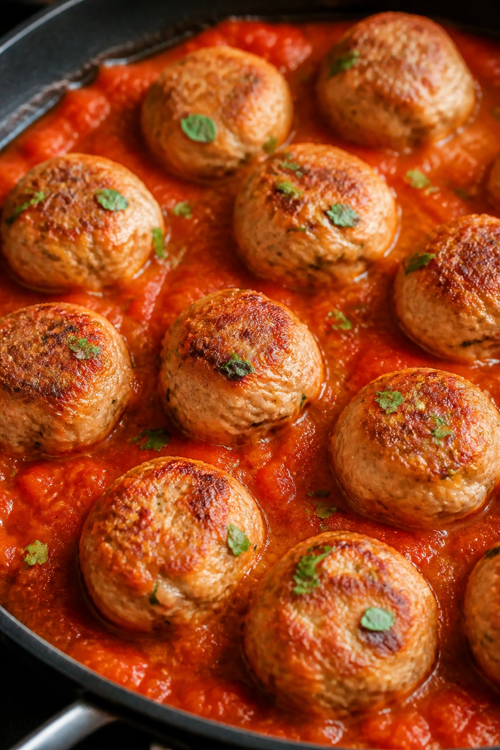 Turkey meatballs in marinara sauce in a skillet