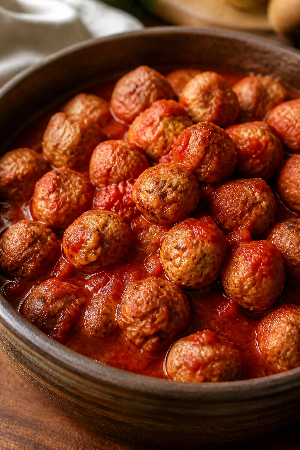 Tiny turkey meatballs in marinara sauce in a rustic bowl