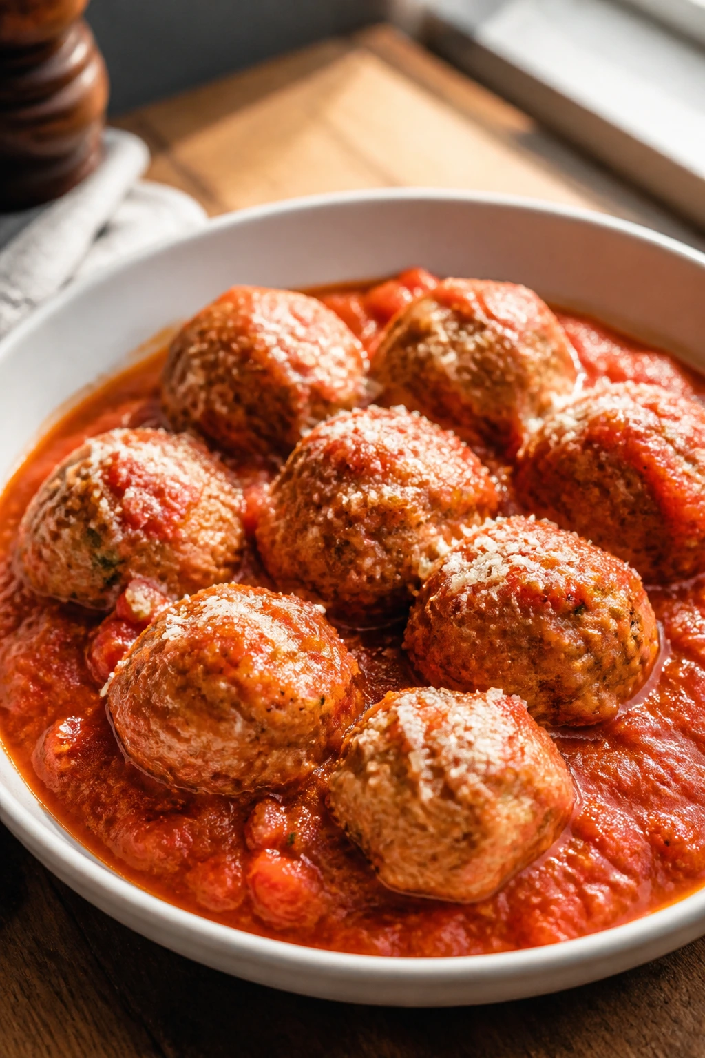 Turkey meatballs in marinara sauce on a plate with parmesan