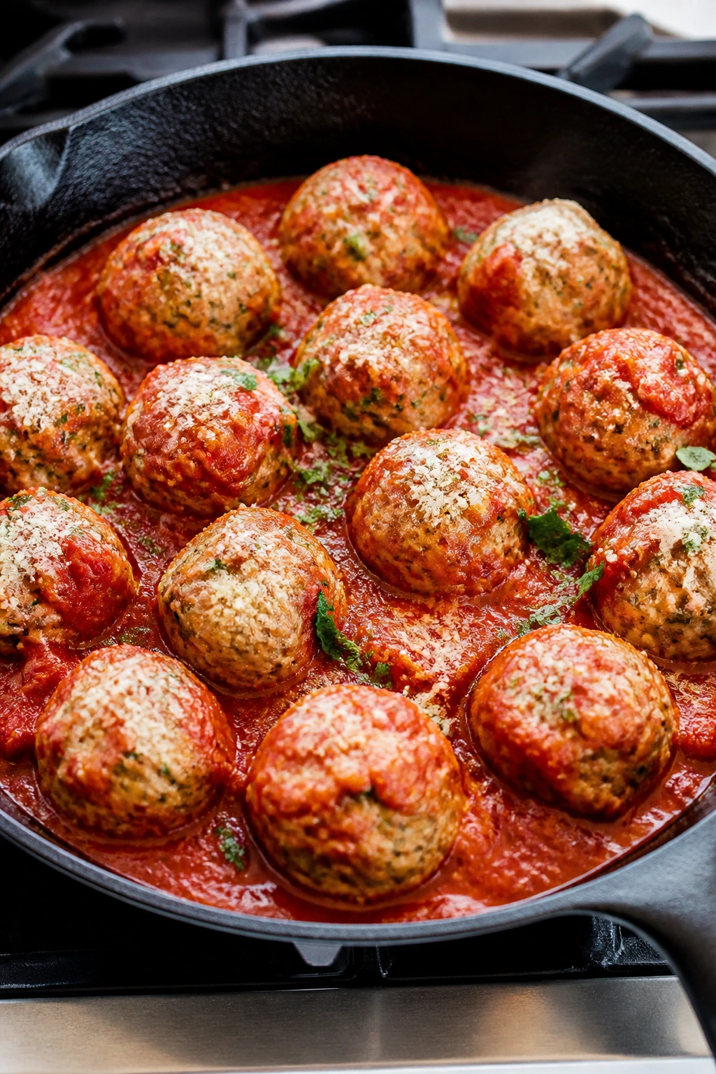 Turkey meatballs in marinara sauce on a skillet