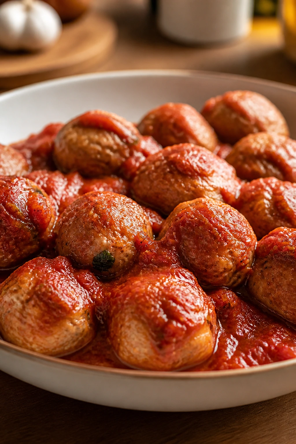 Close-up of turkey meatballs in marinara sauce on a plate