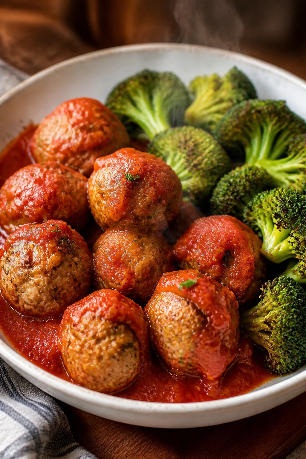 Close-up of turkey meatballs with marinara and broccoli on a plate.