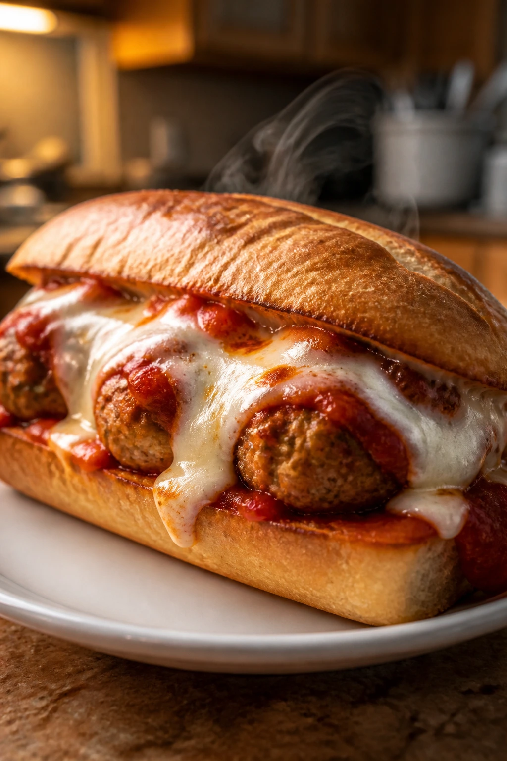 Close-up of a turkey meatball sub with marinara and melted cheese