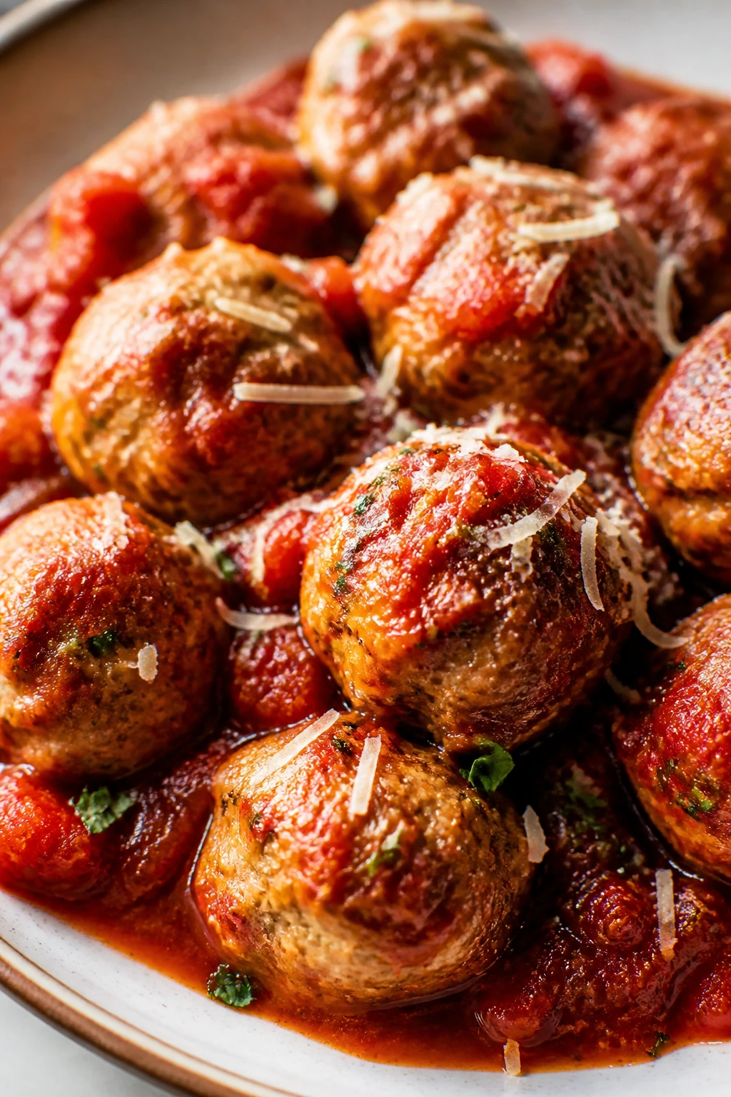 Turkey meatballs in marinara sauce on a plate