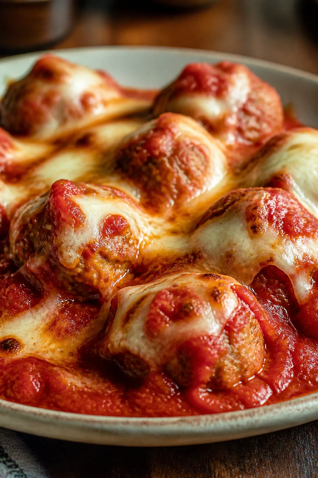 Close-up of turkey meatballs in marinara with mozzarella on top