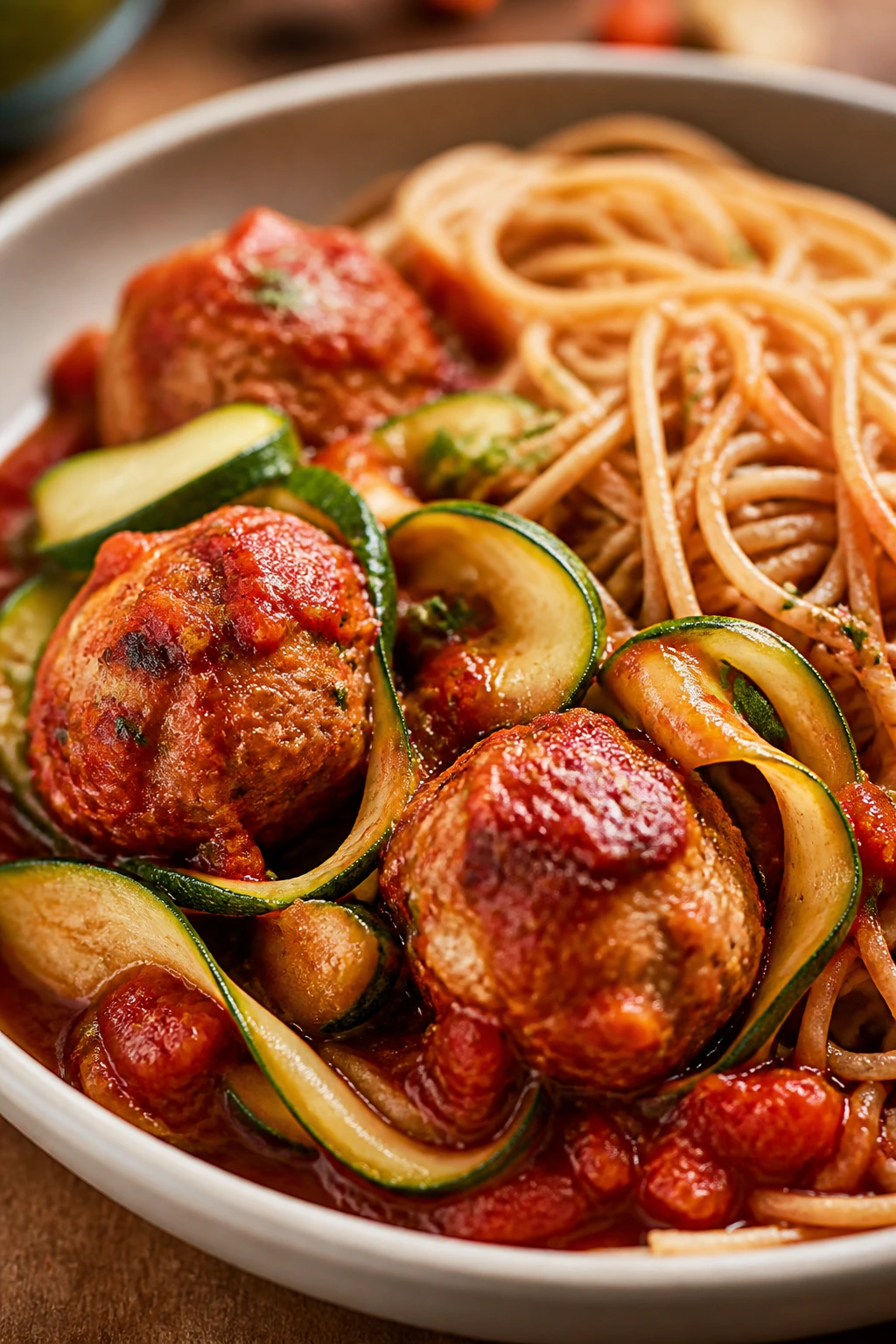 Close-up of turkey meatballs with marinara, zucchini, and spaghetti