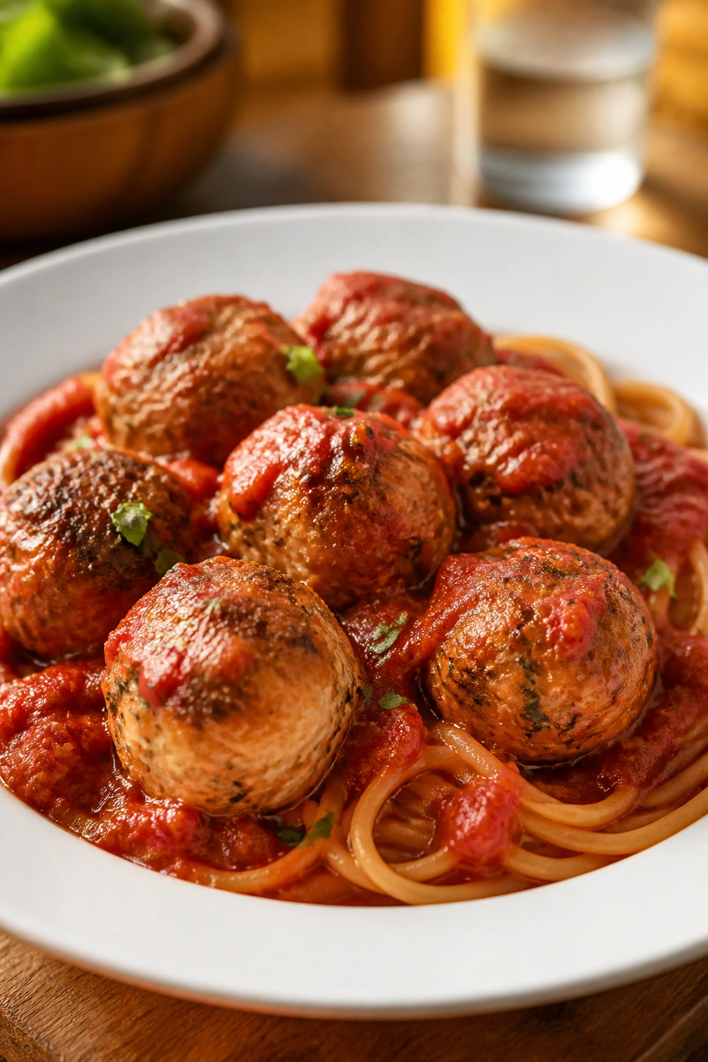 Turkey meatballs in marinara sauce on a plate with pasta
