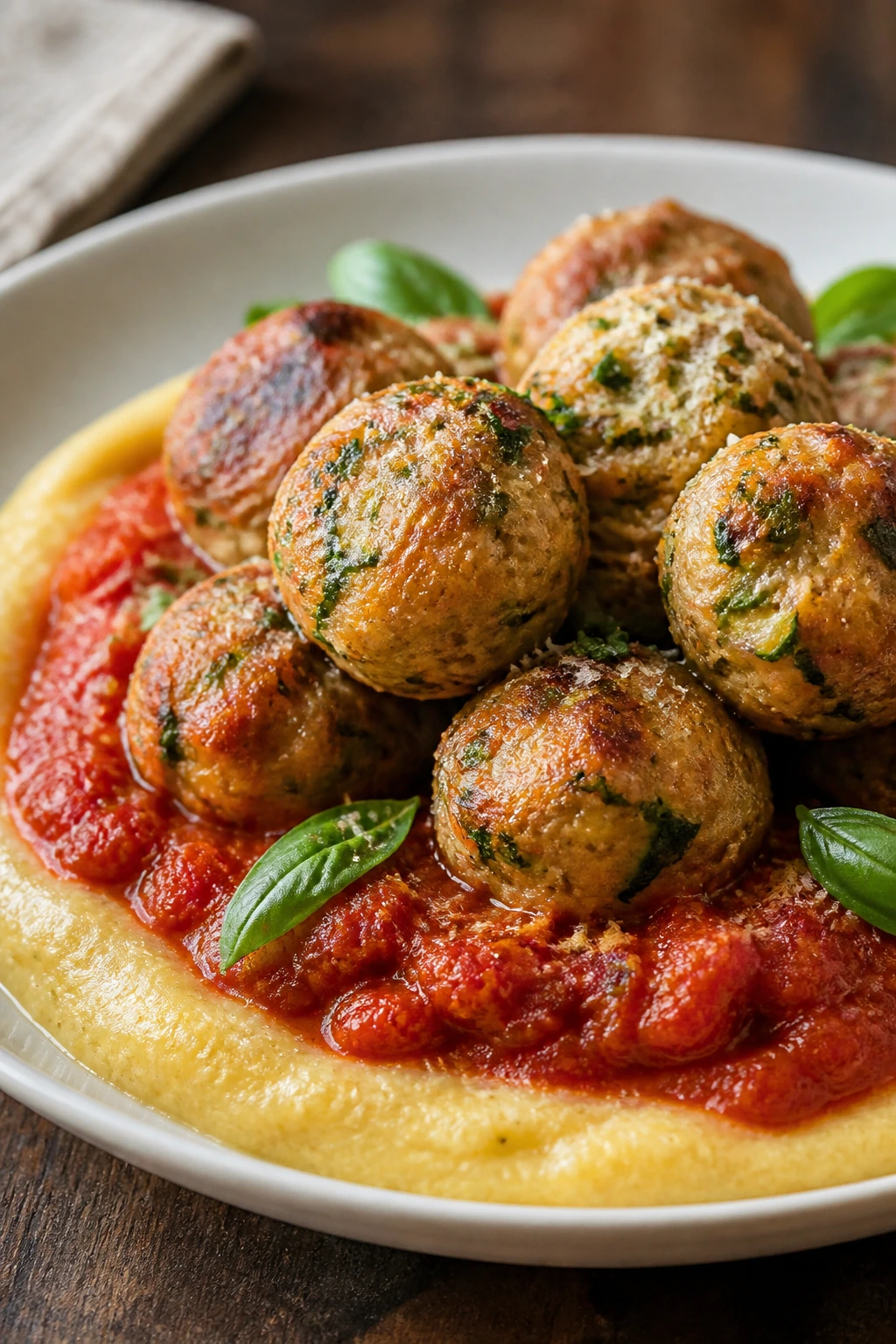 Close-up of turkey meatballs with marinara and polenta