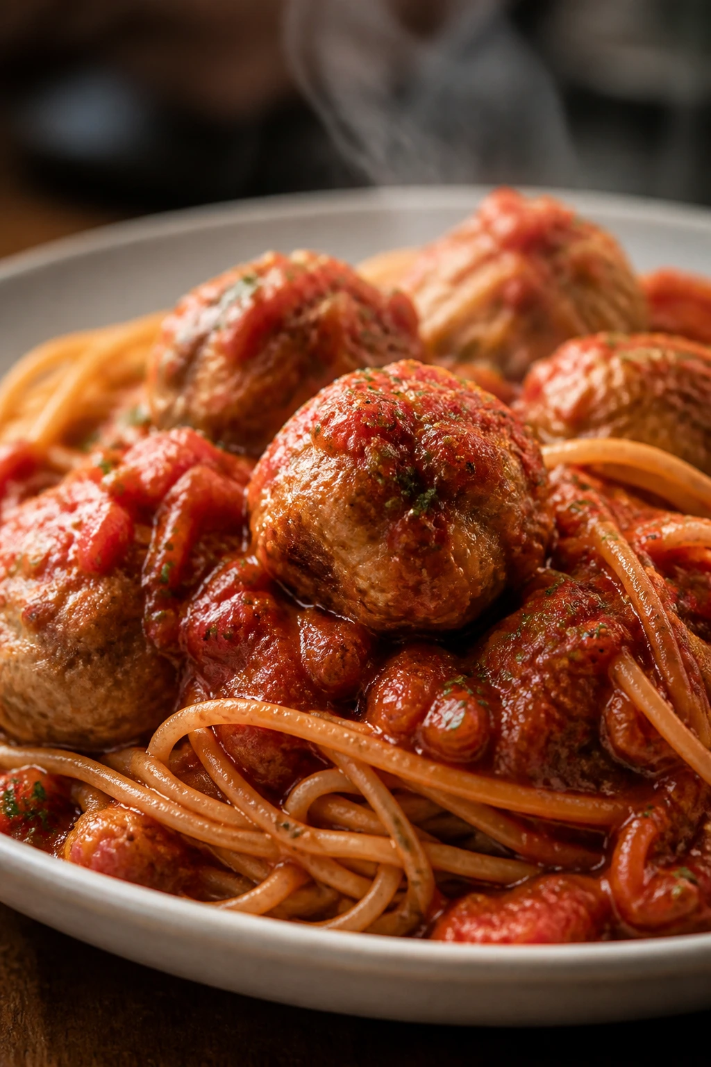 Turkey meatballs with marinara and spaghetti on plate