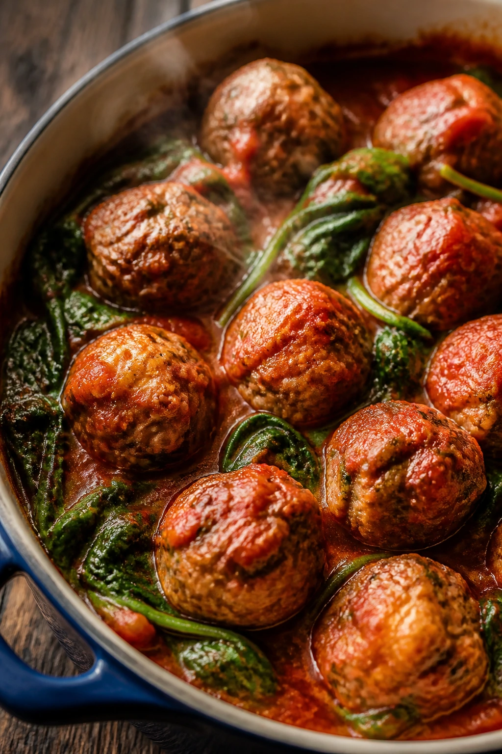 Close-up of turkey meatballs in marinara with spinach