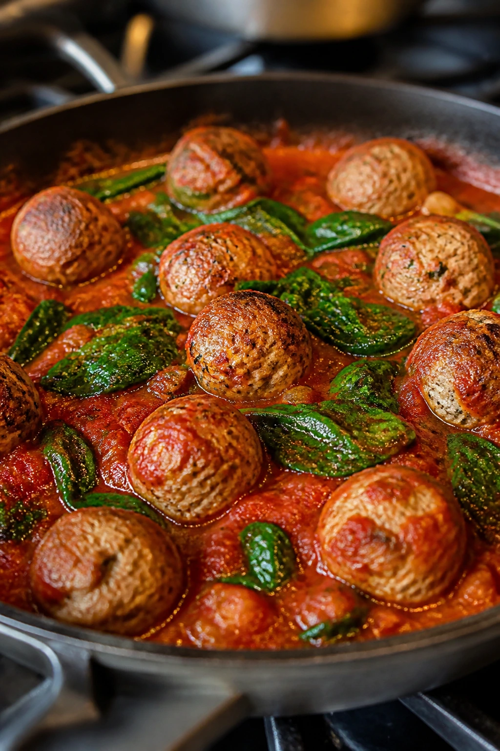 Close-up of turkey meatballs in marinara with wilted spinach in a pan