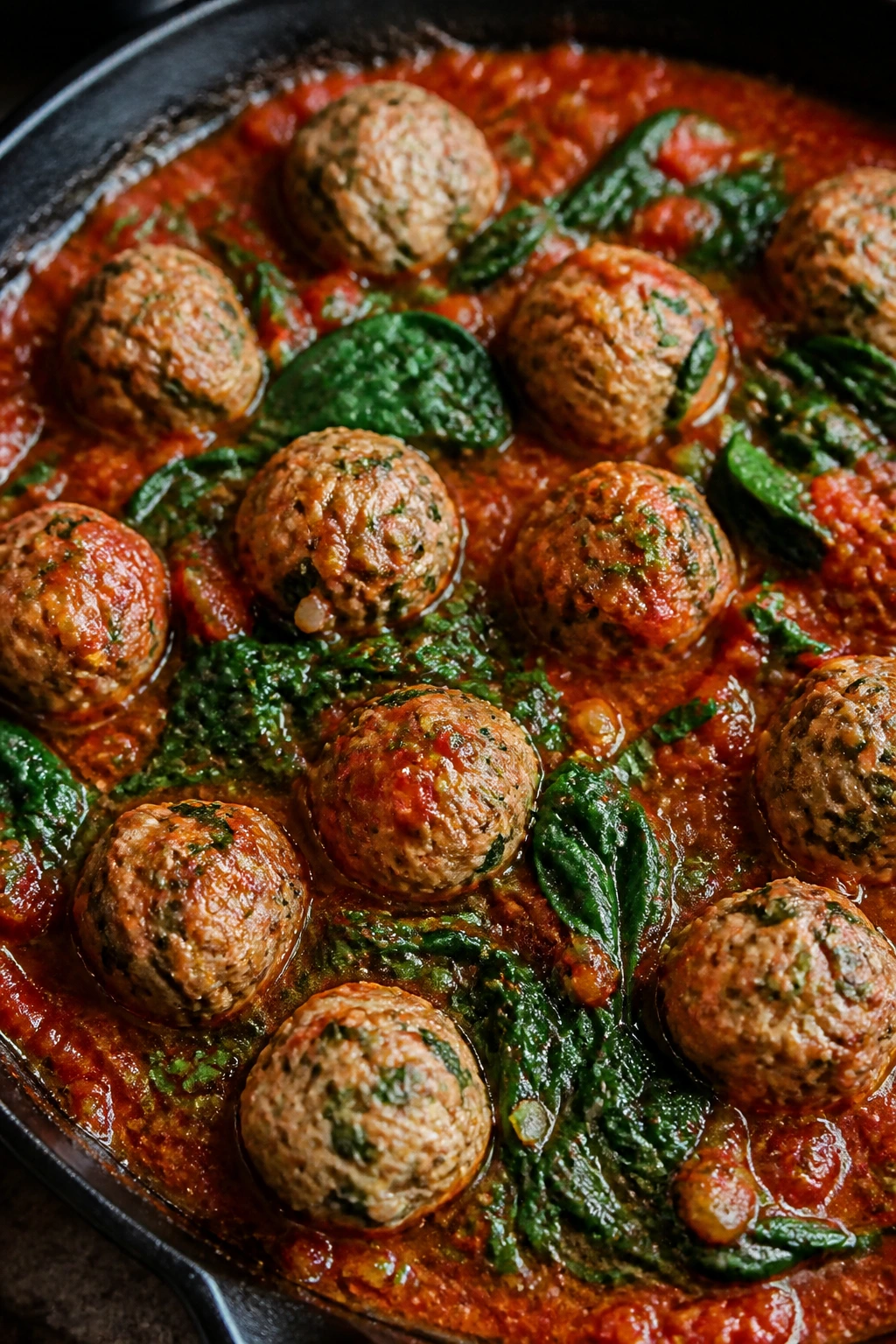 Turkey meatballs in spinach marinara in a skillet