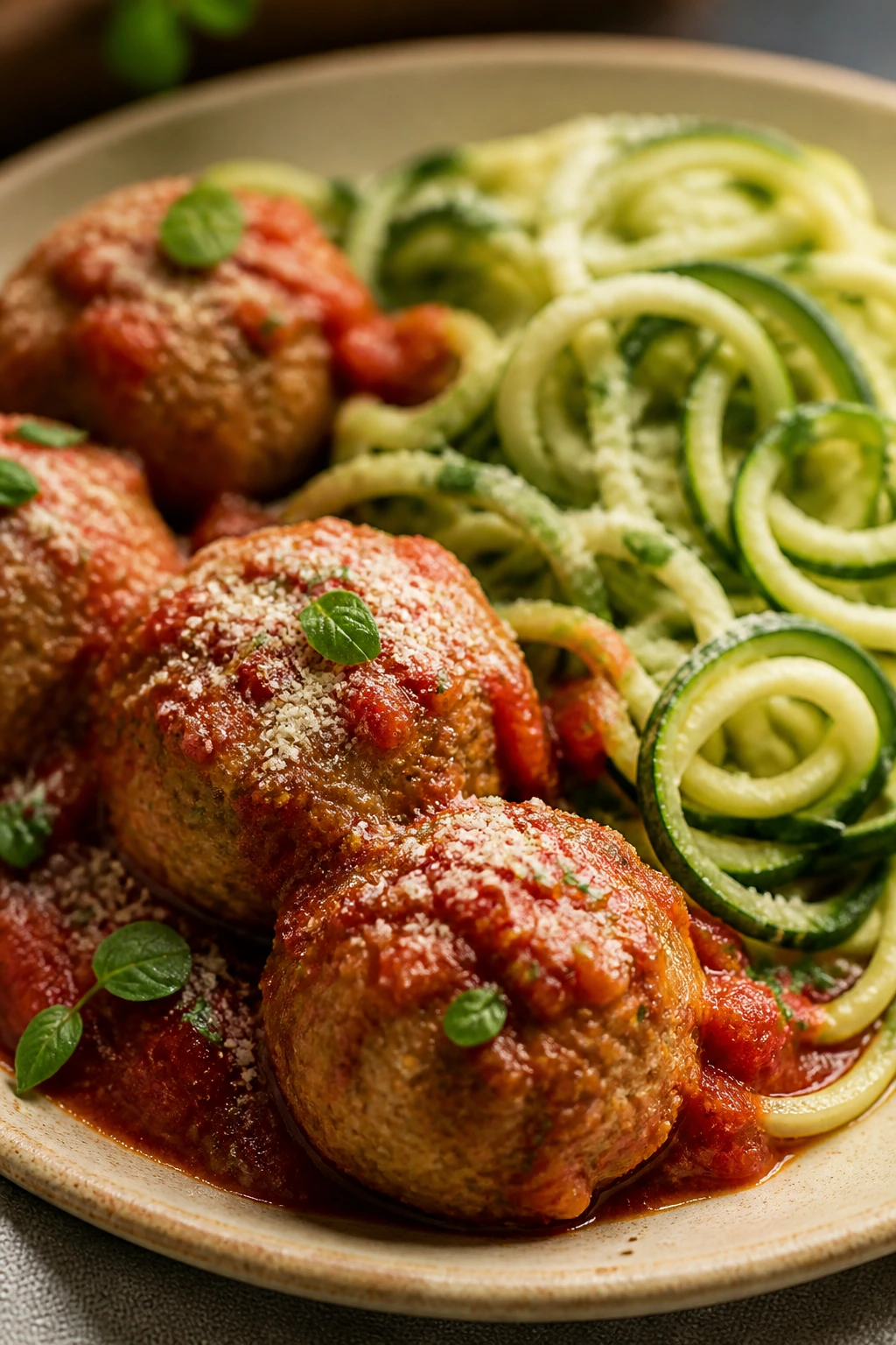 Turkey meatballs in marinara sauce with zucchini noodles