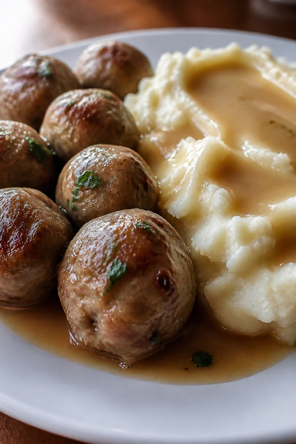 Turkey meatballs with mashed potatoes and light gravy on a plate