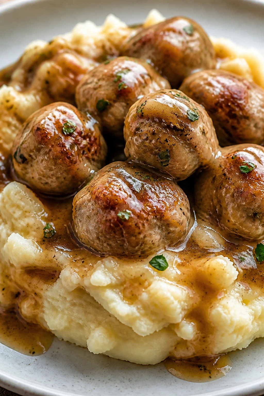 Plate of turkey meatballs over mashed potatoes with rich gravy