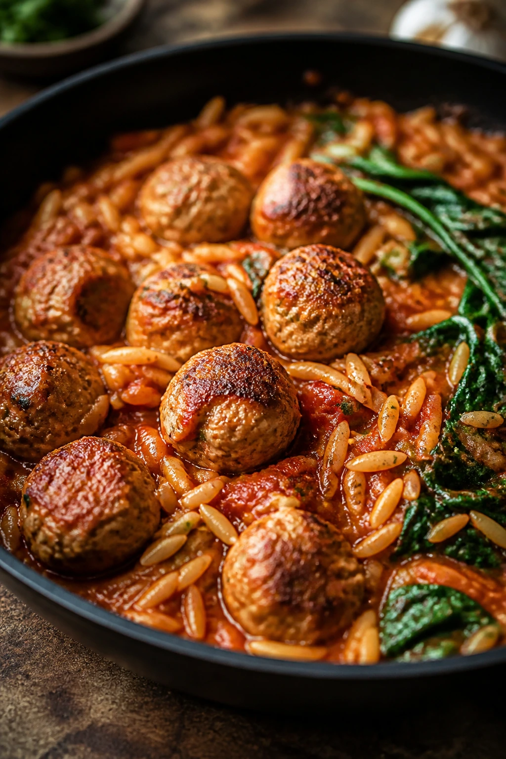 Turkey meatballs with orzo in tomato sauce