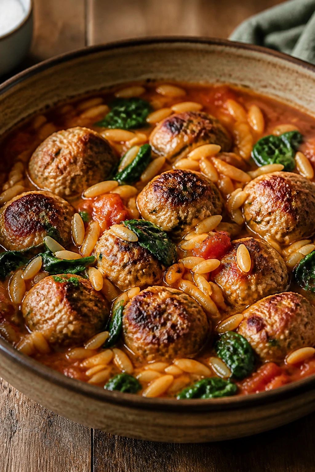 Close-up of turkey meatballs with orzo in tomato broth