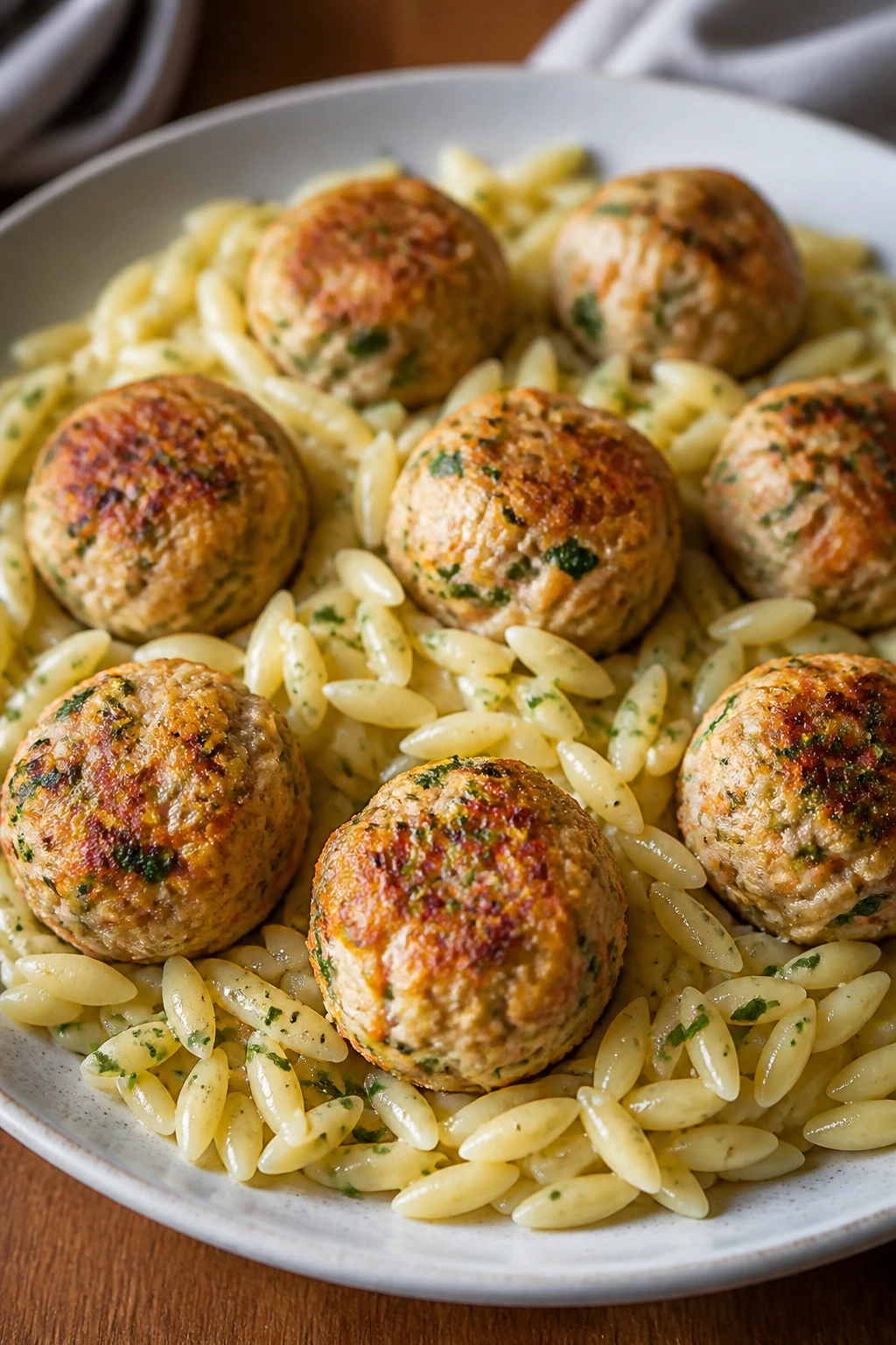 Plate of turkey veggie meatballs over buttered orzo