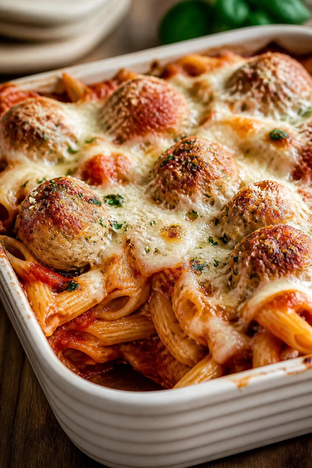 Close-up of turkey meatball pasta bake with melted cheese