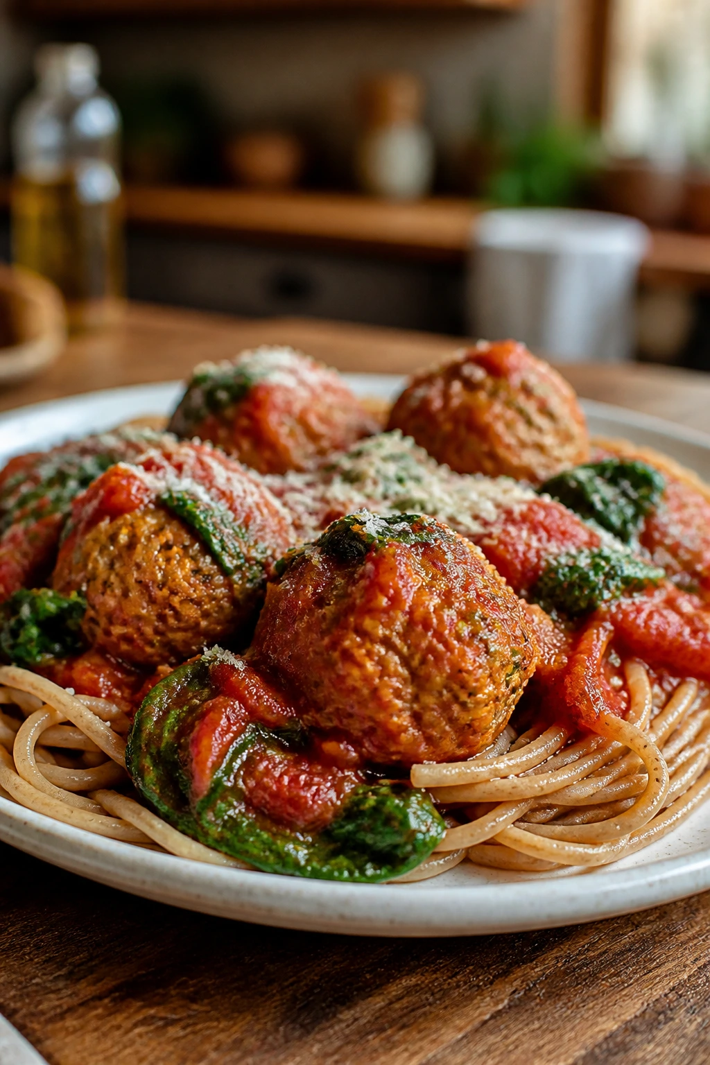 Turkey meatballs with spinach on whole-wheat pasta