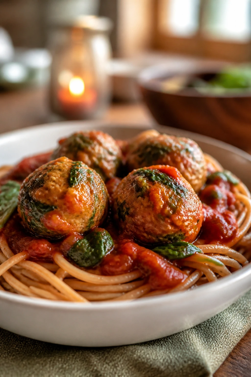 Turkey meatballs with spinach over whole-wheat pasta in marinara sauce.