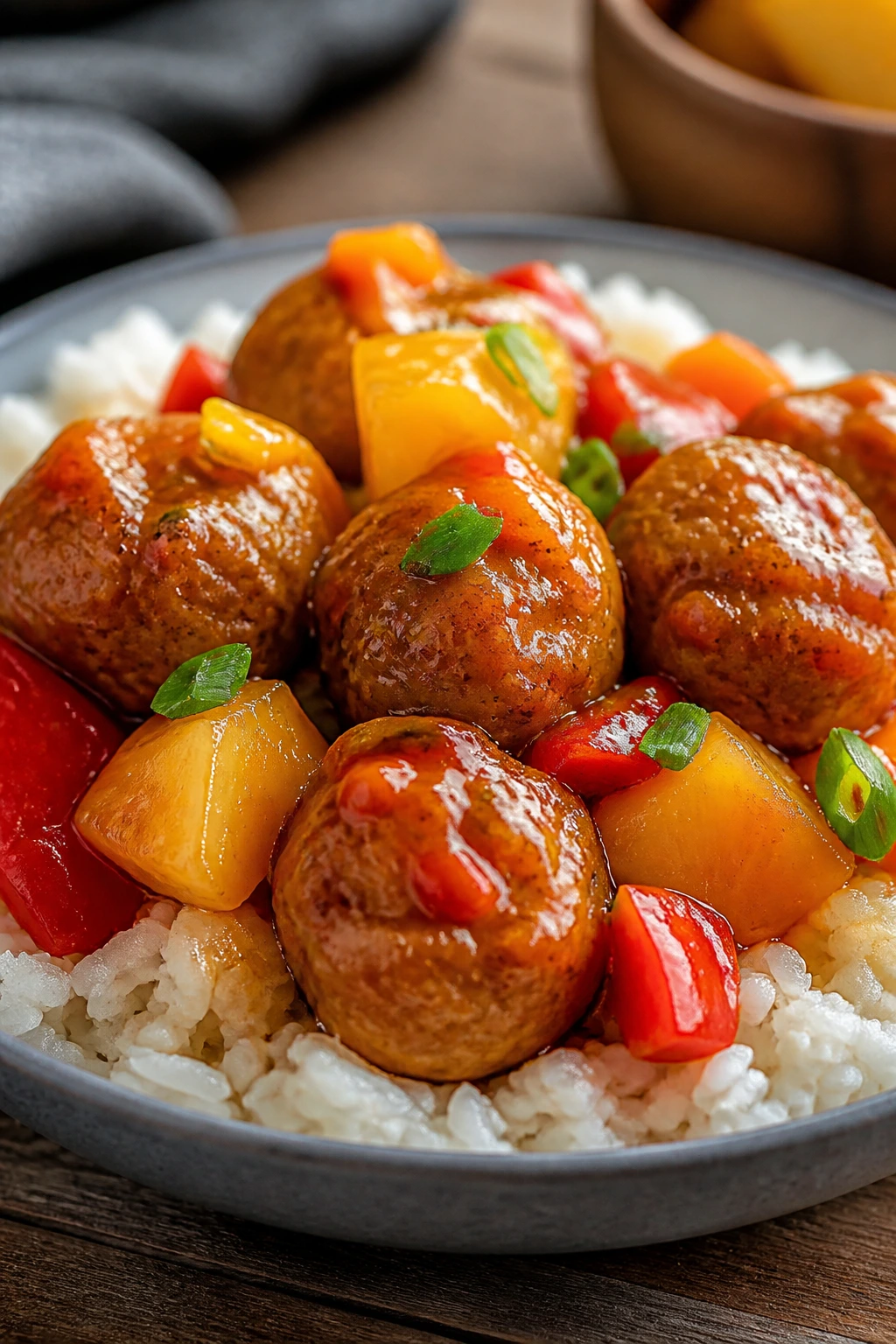 Close-up of glossy sweet and sour turkey meatballs over rice with pineapple