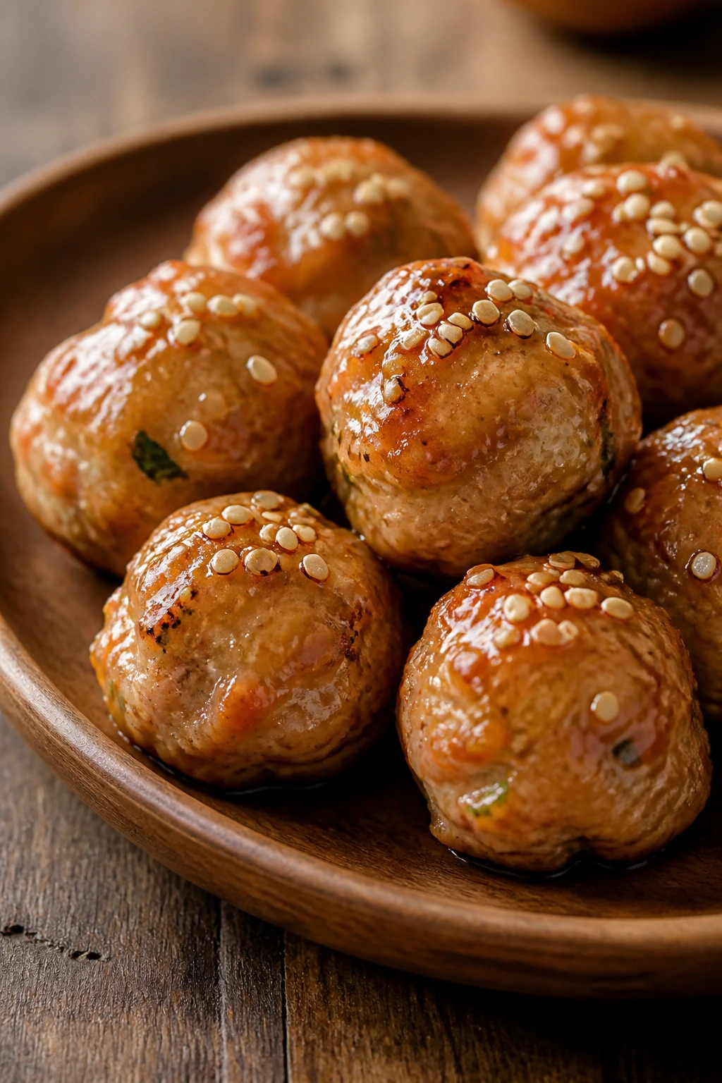 Ginger sesame turkey meatballs with sesame seeds on wooden plate