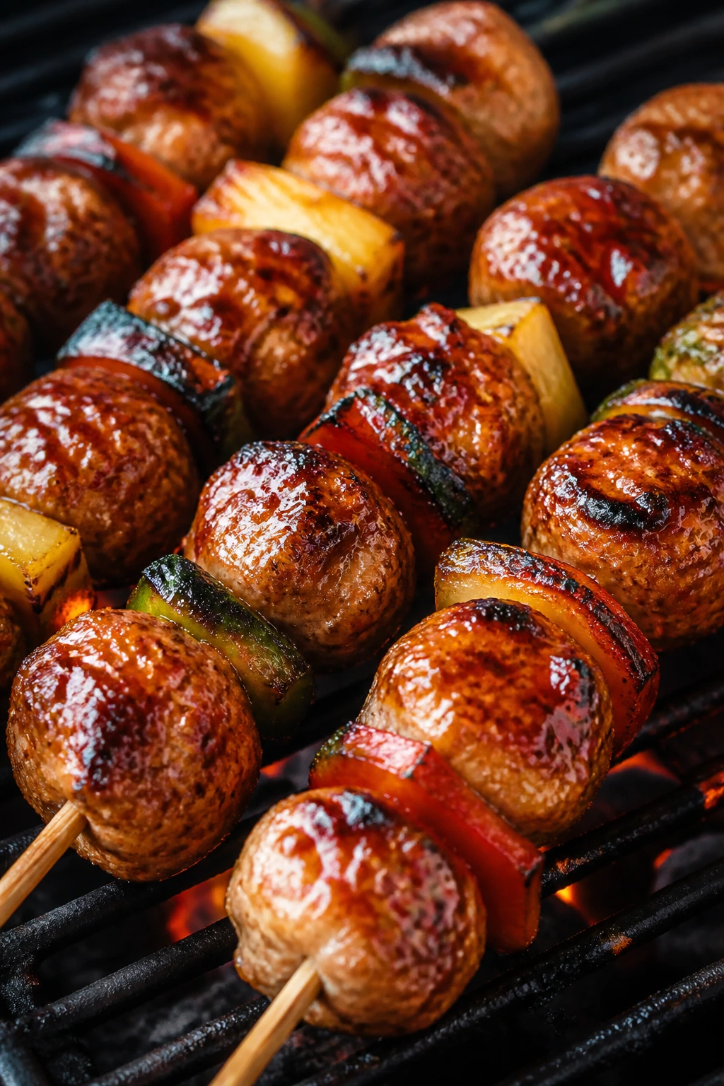 Teriyaki turkey meatball skewers on grill
