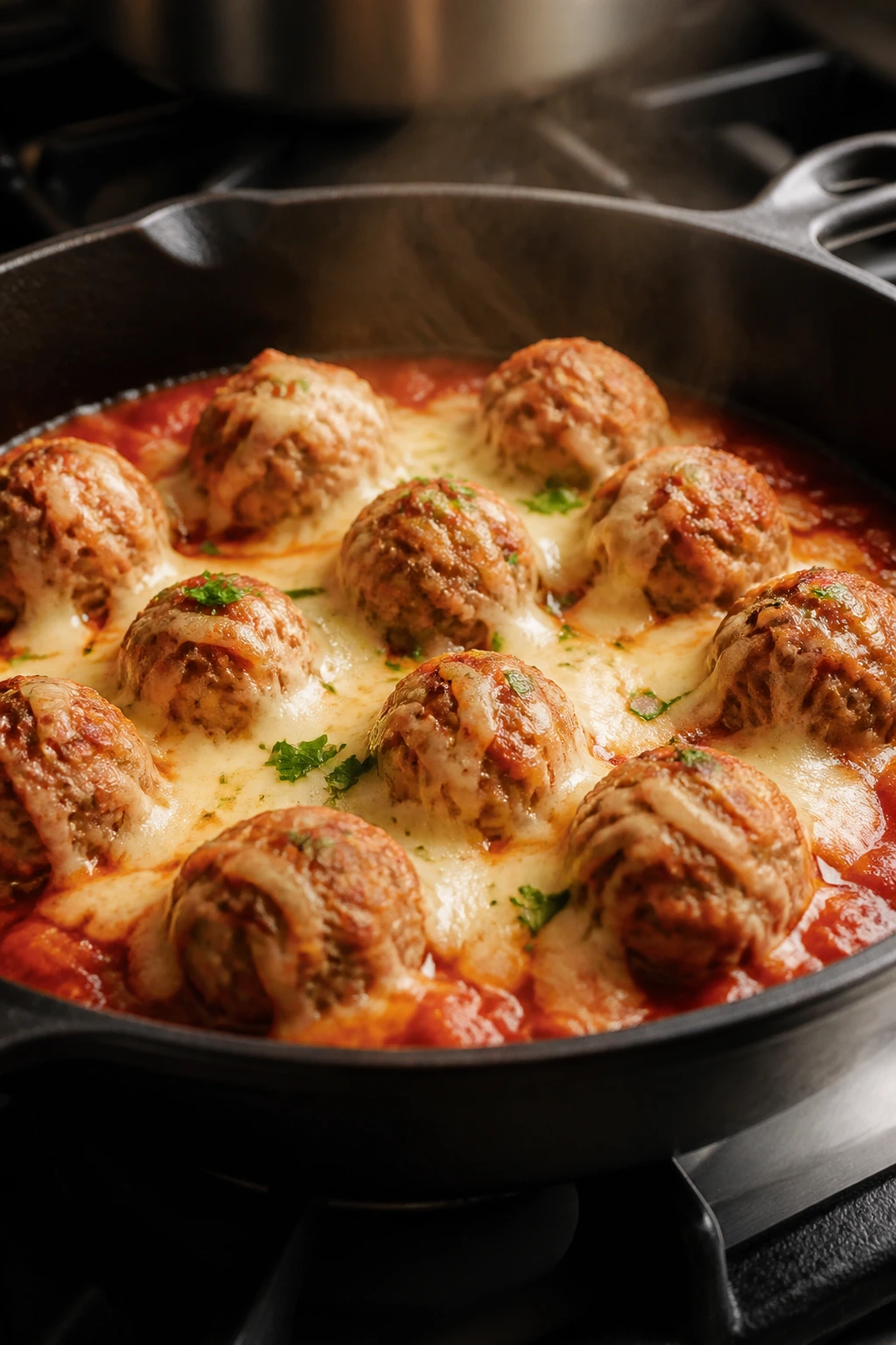 Turkey meatballs simmering in a skillet with mozzarella
