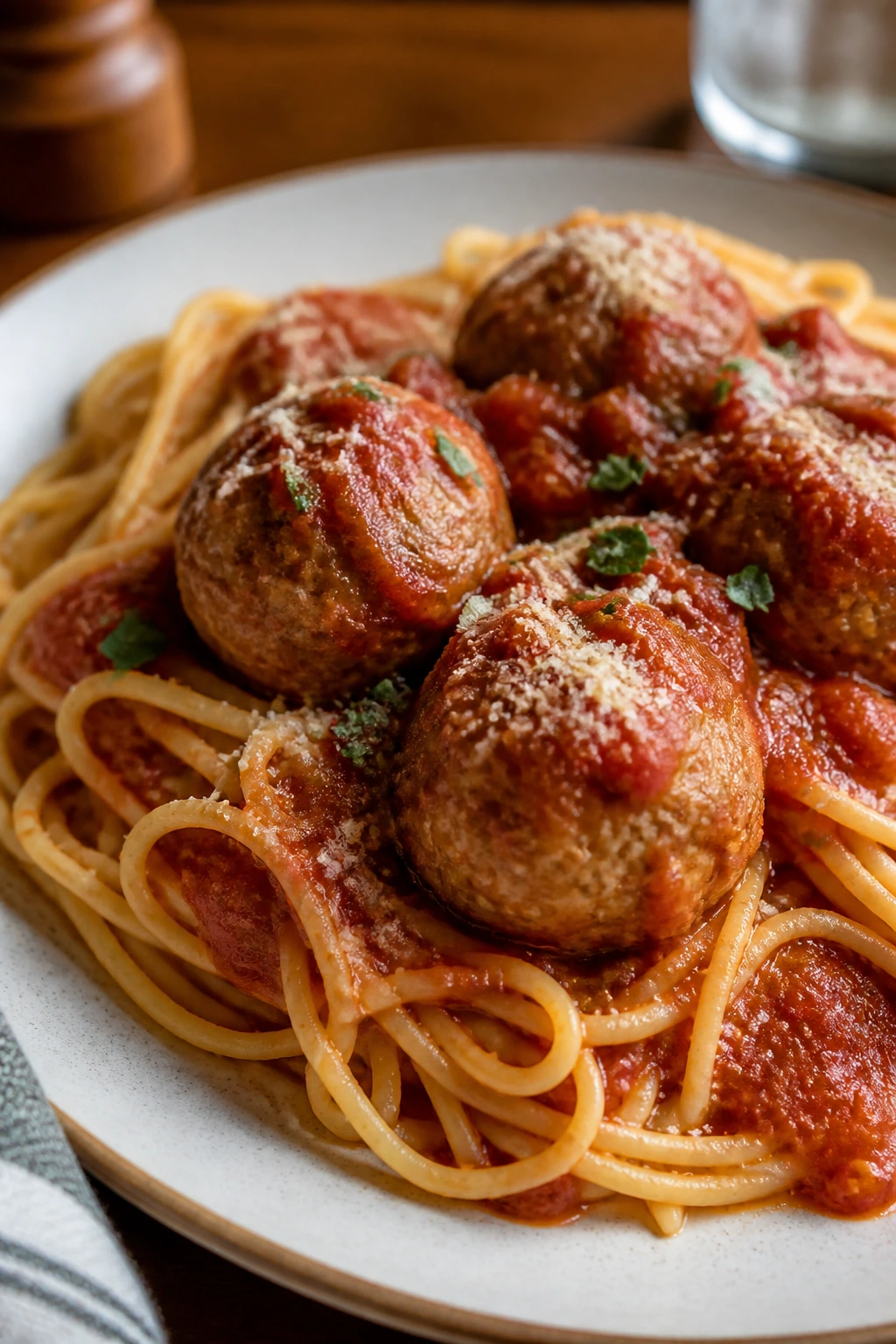 Plate of turkey meatballs with spaghetti and tomato sauce