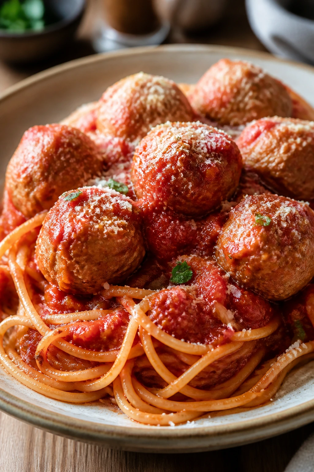 Plate of spaghetti with tender turkey meatballs in marinara sauce.